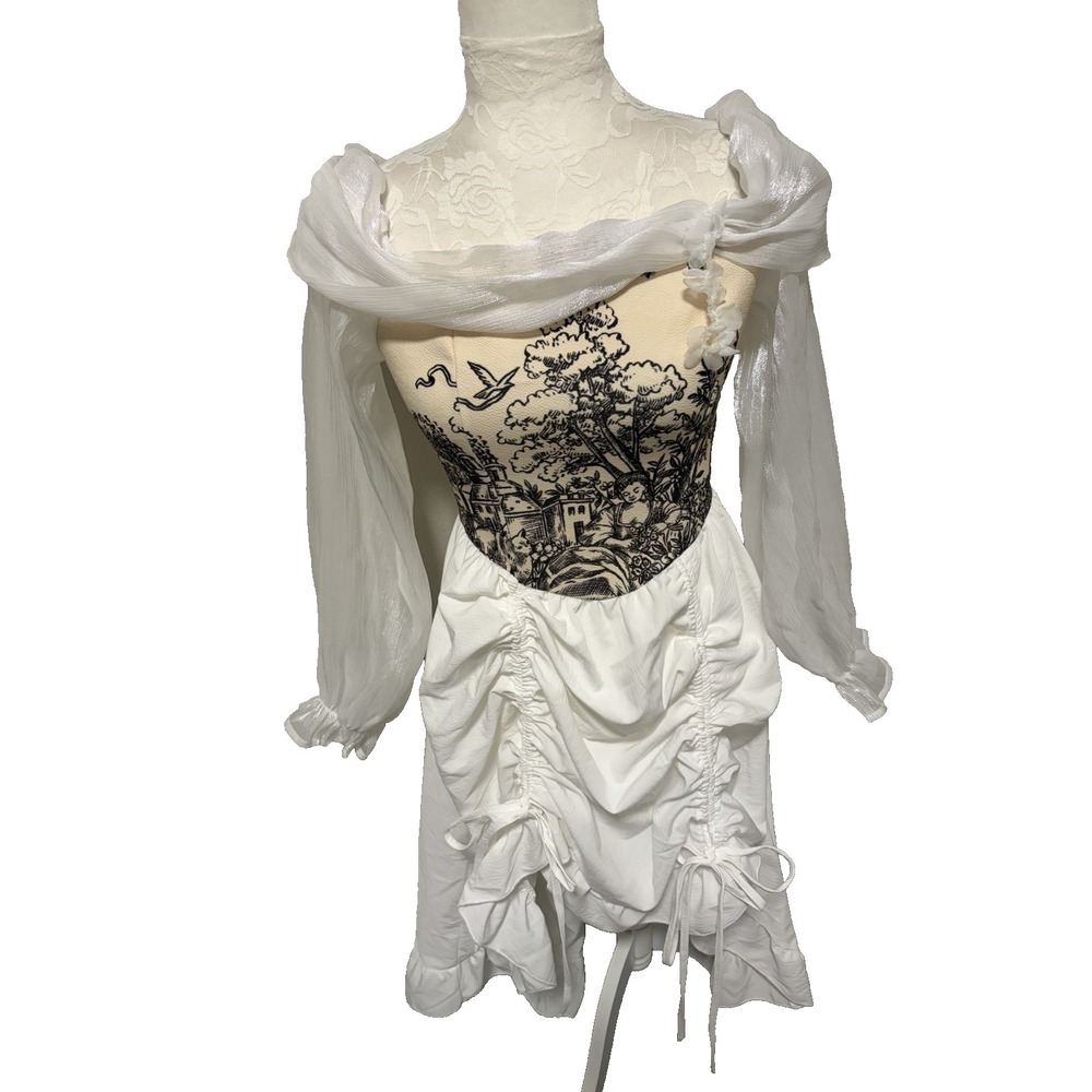 Toile Bodice Milkmaid Dress ~6~White Chiffon Slv Fairy Tale Parachute Hi Low Hem - Picture 3 of 16